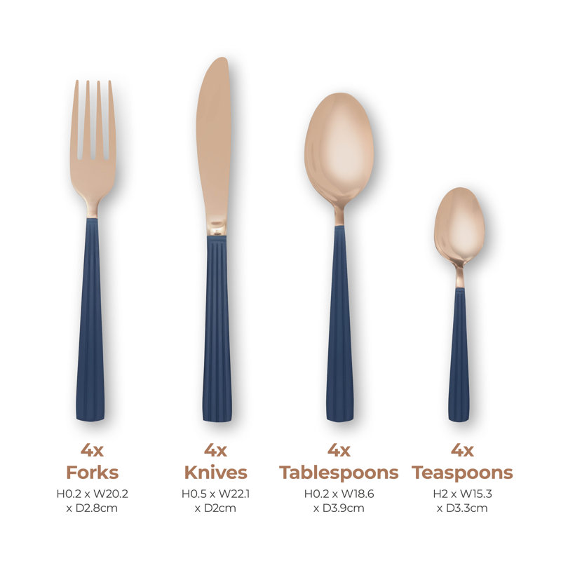 Tower T859015 Cavaletto Stainless Steel 16 Piece Cutlery Set, Midnight Blue/Rose Gold