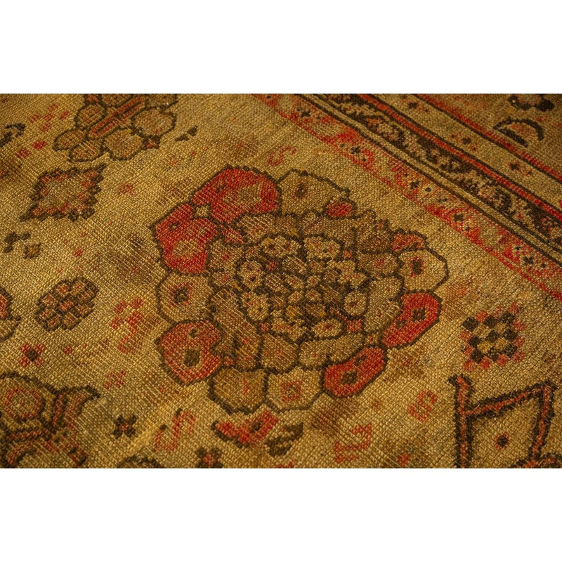 1890s Beige Field Large Scale Geometric Knotted Wool Antique Oushak Turkish Rug