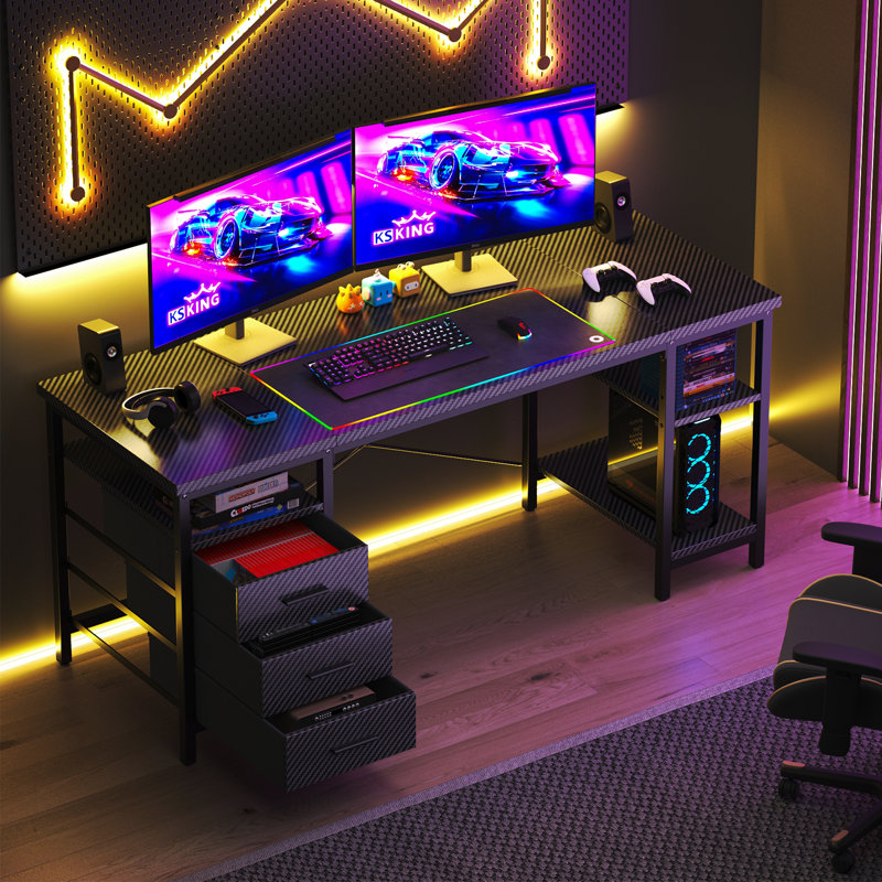 Metal Base Computer Desk,Gaming Desk with 3 Fabric Drawers & Storage Shelves, Writing Work Study Desk for Home Office Bedroom, Modern Simple Student PC Desks Table