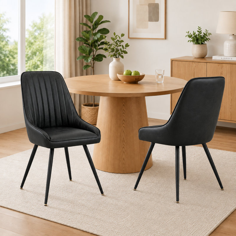 Set of 2 PU Leather Upholstered Stitching Low Armrest Side Dining Chair, Black