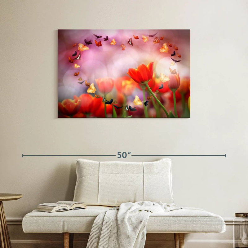 Hardie, tulipes et papillons, H 26 po x l 39 po