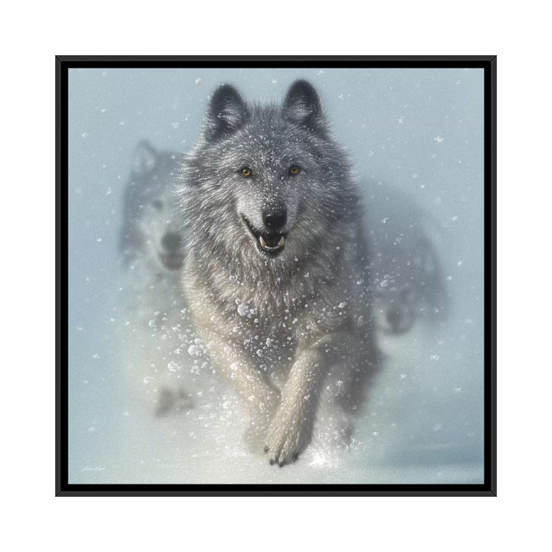 Chasse-neige - loups de course, carré, H 18 po x l 18 po x P 1,5 po, Toile encadrée noire, Blanc