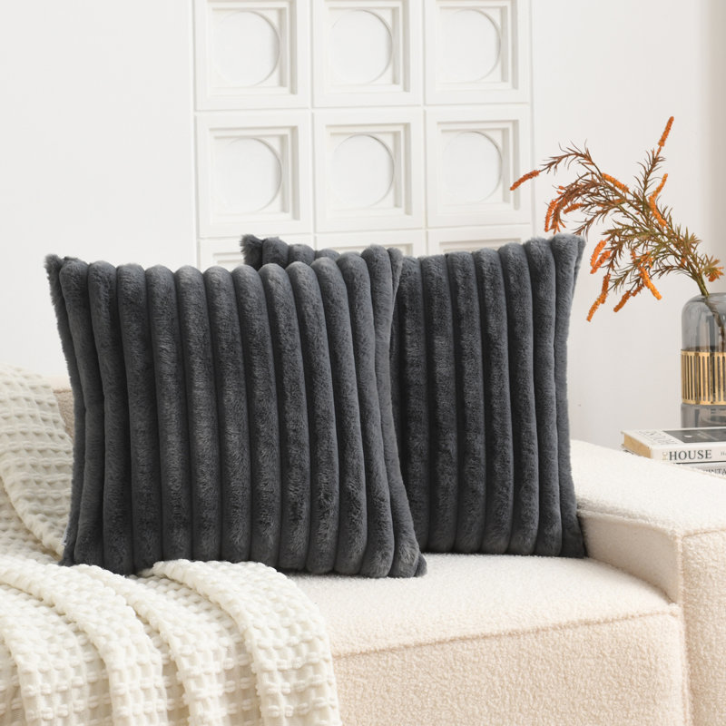 Soft Cozy Faux Rabbit Fur Throw Pillow Covers Striped Decorative  Cushion Covers, Gray, Square 18"