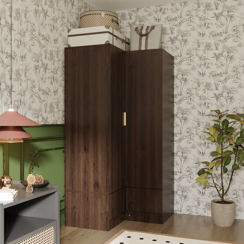 Armoire d'angle 35,4 po avec poteaux suspendus et tiroirs, Noyer