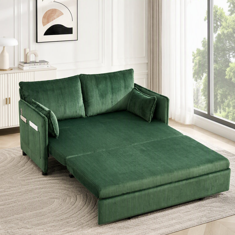 Canapé-lit convertible de 55 po, lit escamotable, canapé 3 en 1 avec poche latérale et ports USB, Vert