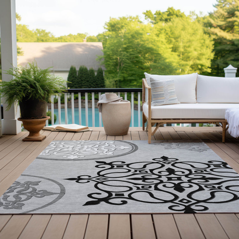 Machine Washable Indoor/Outdoor Chantille ACN874 ScrollsRug, Gray, 3' x 5'