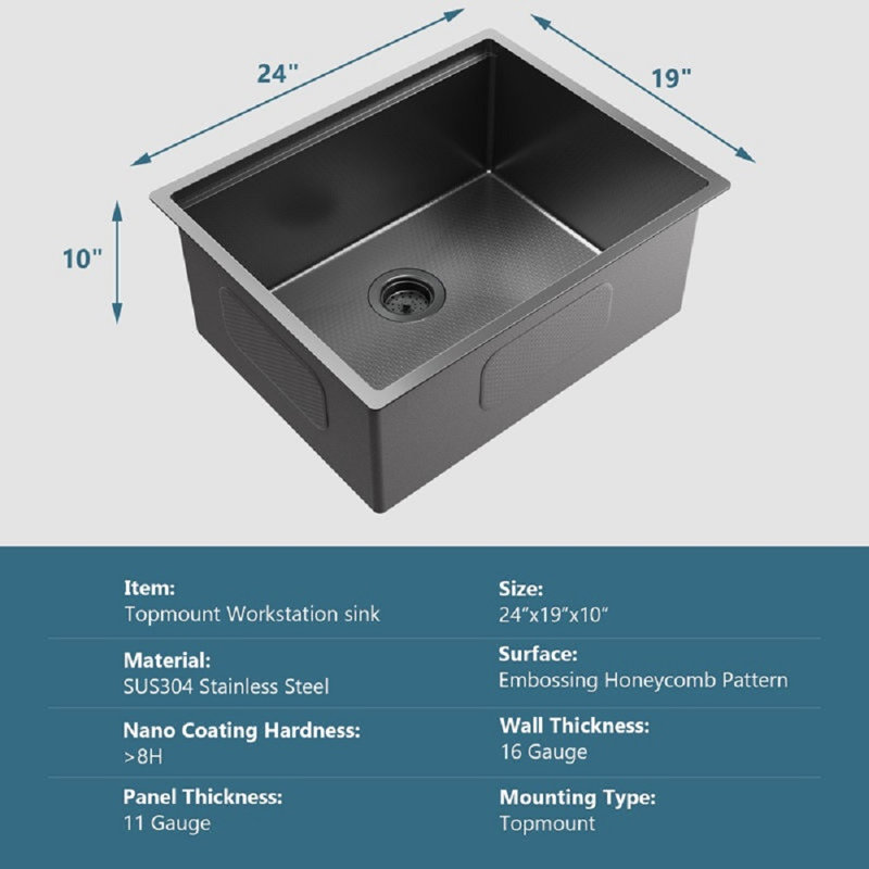 24In X 19In Undermount Single Bowl Stainless Steel Workstation Kitchen Sink