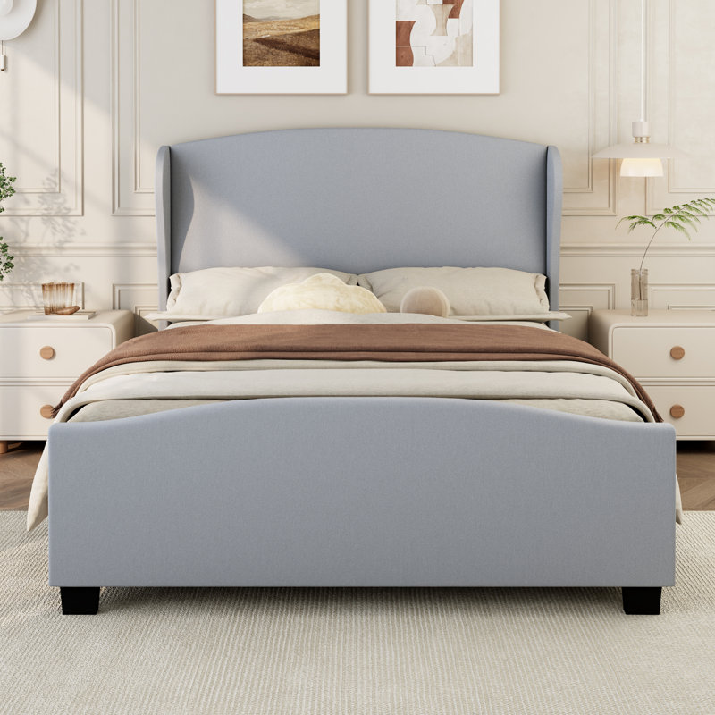 High Headboard Wingback Linen Upholstered Bed No Box Spring Needed, Full, Gray