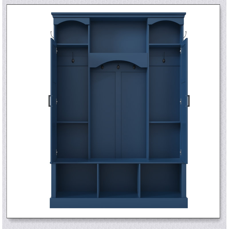Portemanteau moderne tout-en-un avec tablettes réglables, banc de rangement de style campagnard arqué classique avec armoires latérales doubles, organisateur de hall d'entrée élégant avec 7 crochets pour vestibule, couloir