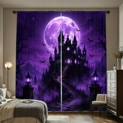 2PCS Spooky Castle Moon Bat Light Filtering Curtains, Moody Gothic Holiday Atmosphere, Halloween-Inspired Decor, Rod Pocket Easy-Hang Design, All-Season for Living Room, Bedroom, Dormitory