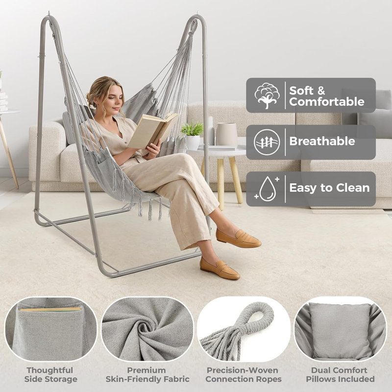 Chaise hamac en U avec support, chaise suspendue en acier robuste avec support pour l'intérieur et l'extérieur, support solide et base stable, capacité de 220 lb, facile à assembler - gris