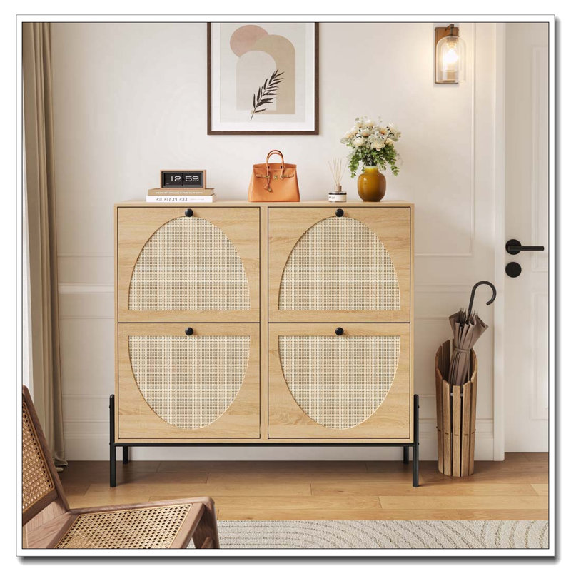 Rattan Shoe Cabinet with 4 Flip-Down Doors, Oak