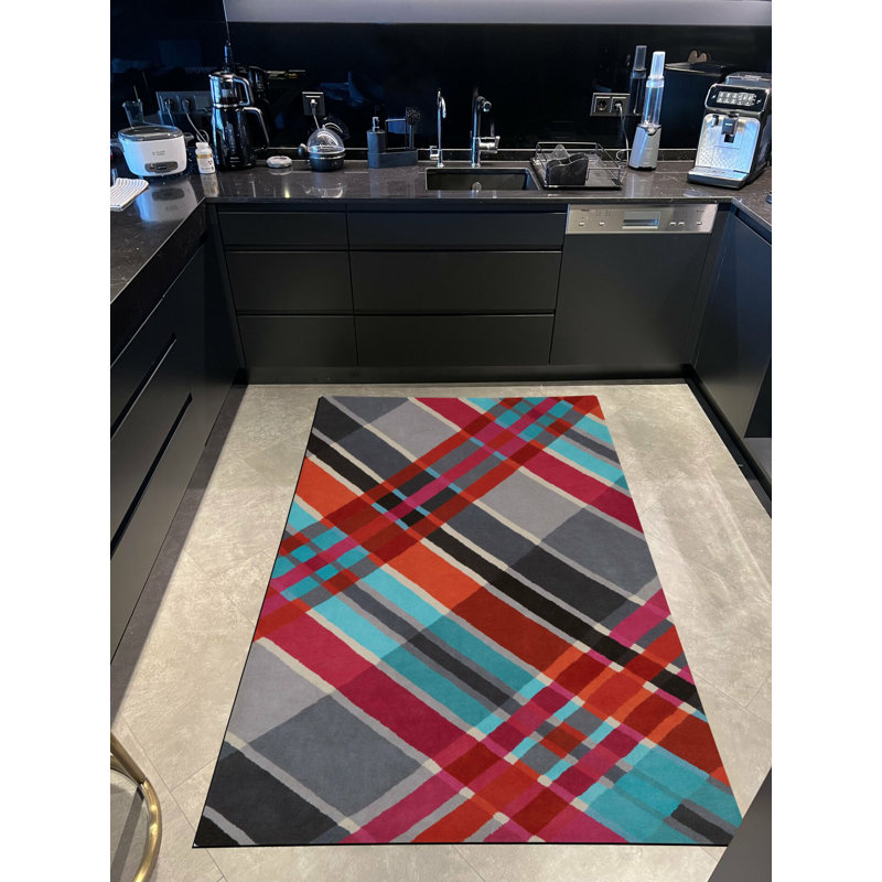 Tapis tissé multicolore à motif écossais gris fuchsia, Rectangle 4 pi 11,06 po x 7 pi 6,55 po