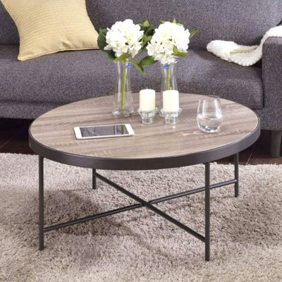 Table basse ronde avec plateau en bois et structure en chêne gris vieilli