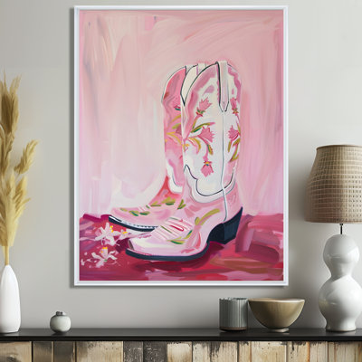 Pink And White Flower Cowgirl Boots - Cowgirls Wall Art Print