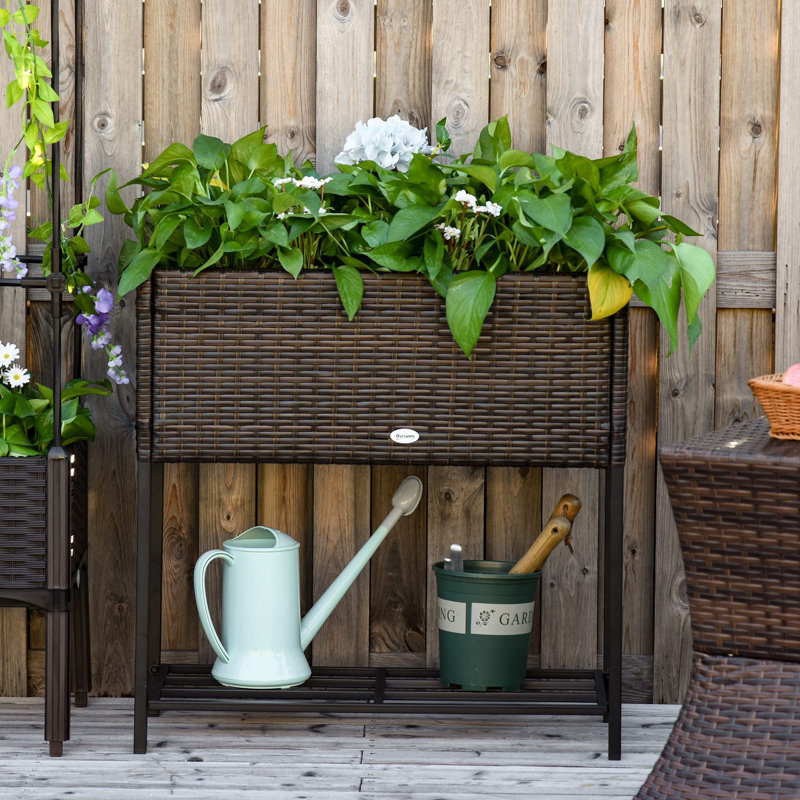 Rattan Appearance Raised Planter with Tool Storage Holder, Brown