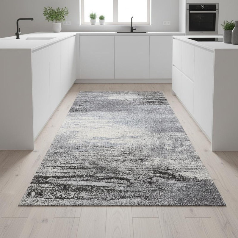 8' White And Gray Abstract Runner Rug