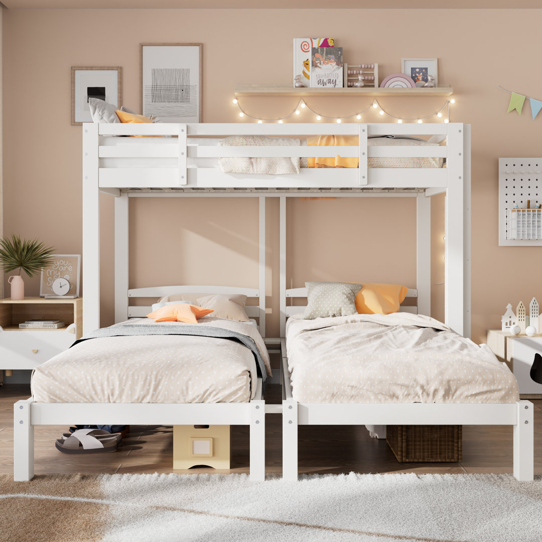 Triple Sleeper Bunk Bed with Side Ladder for Kids and Teens, 3ft Single Size (90×190cm), Sturdy Wooden Frame, White Finish, Mattress Not Included