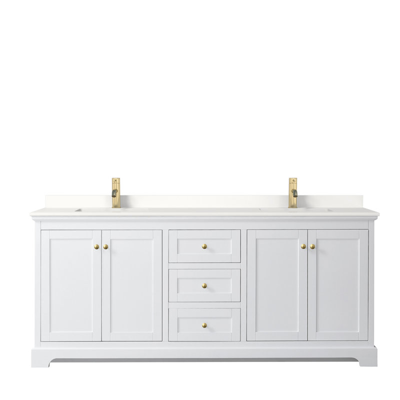 Avery 80'' Double Bathroom Vanity with Quartz Top, White, Giotto Quartz, Matte Black