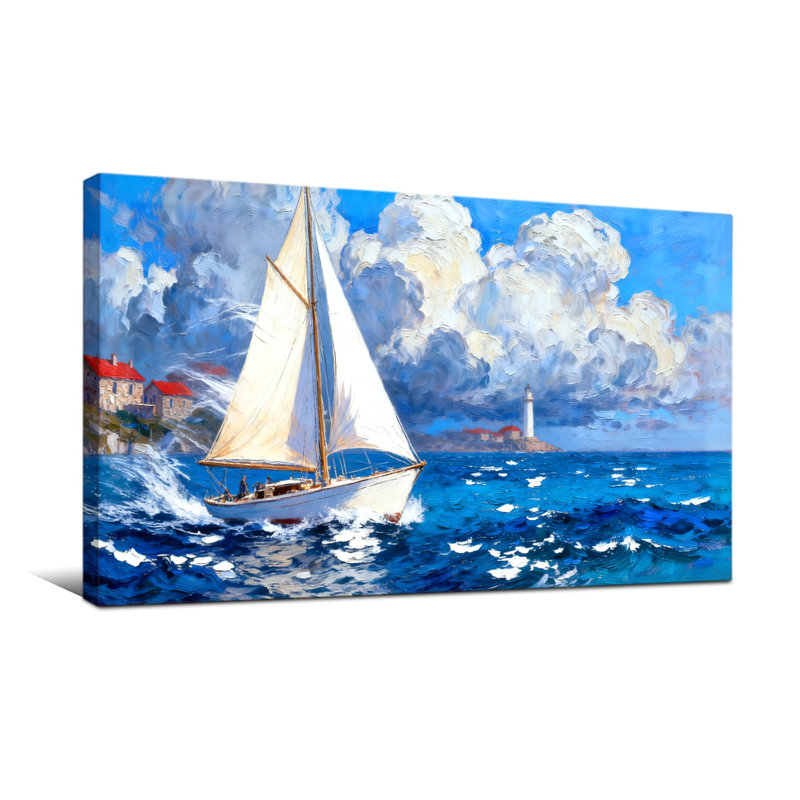 Voilier nautique et plage sur les vagues de l'océan avec phare et nuages, H 20 po x l 40 po