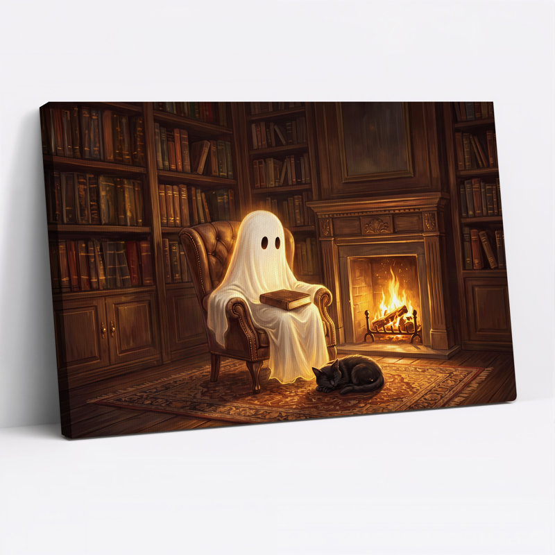 Art mural sur toile, "Glowing Ghost lecture par le foyer avec sommeil", H 28 po x l 40 po