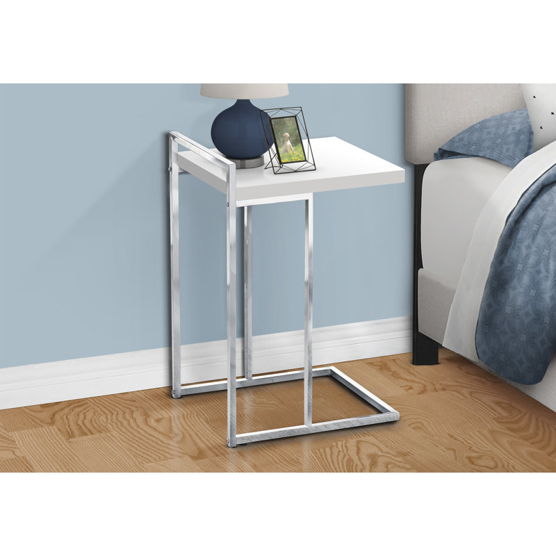 Table d'appoint moderne en forme de C, plateau stratifié et structure en métal pour salon ou chambre à coucher | Idée-cadeau