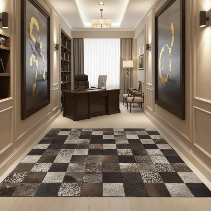 Tapis en cuir de vache brun foncé et cuir de couloir, Rectangle de 10 pi x 14 pi