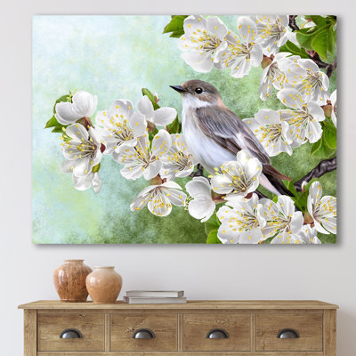 " Gray Bird On A Branch Of A Blossoming Tree " Painting Print