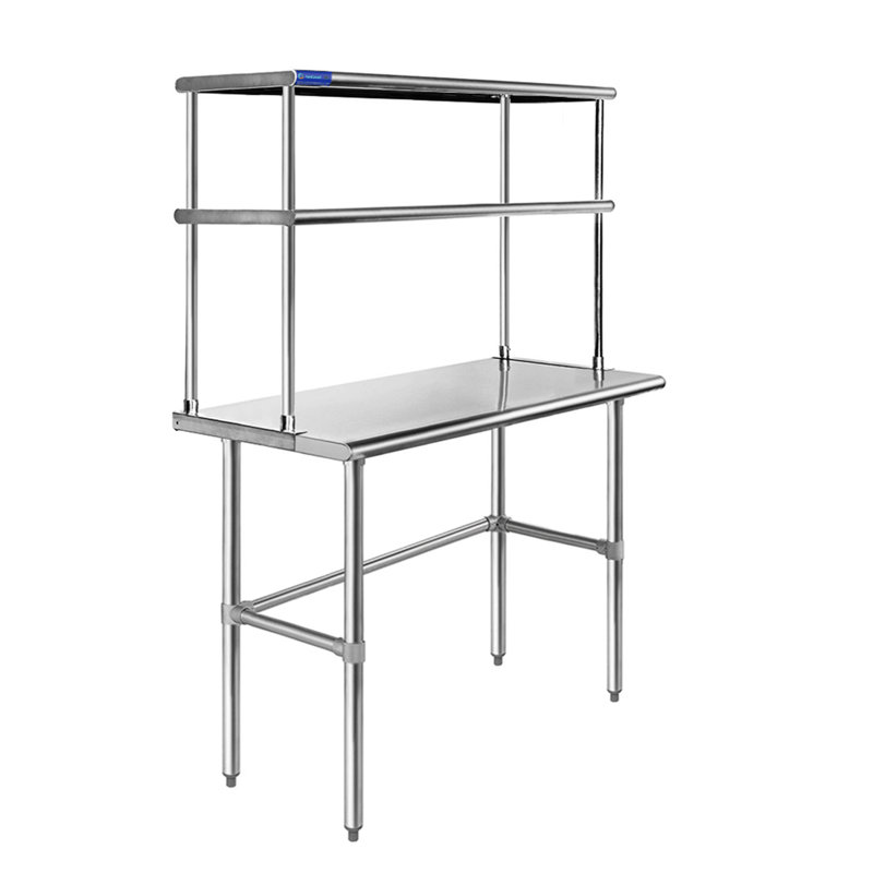 Open Base Stainless Steel Table with Double Tier Overshelf, 67" H x 24" W x 18" D