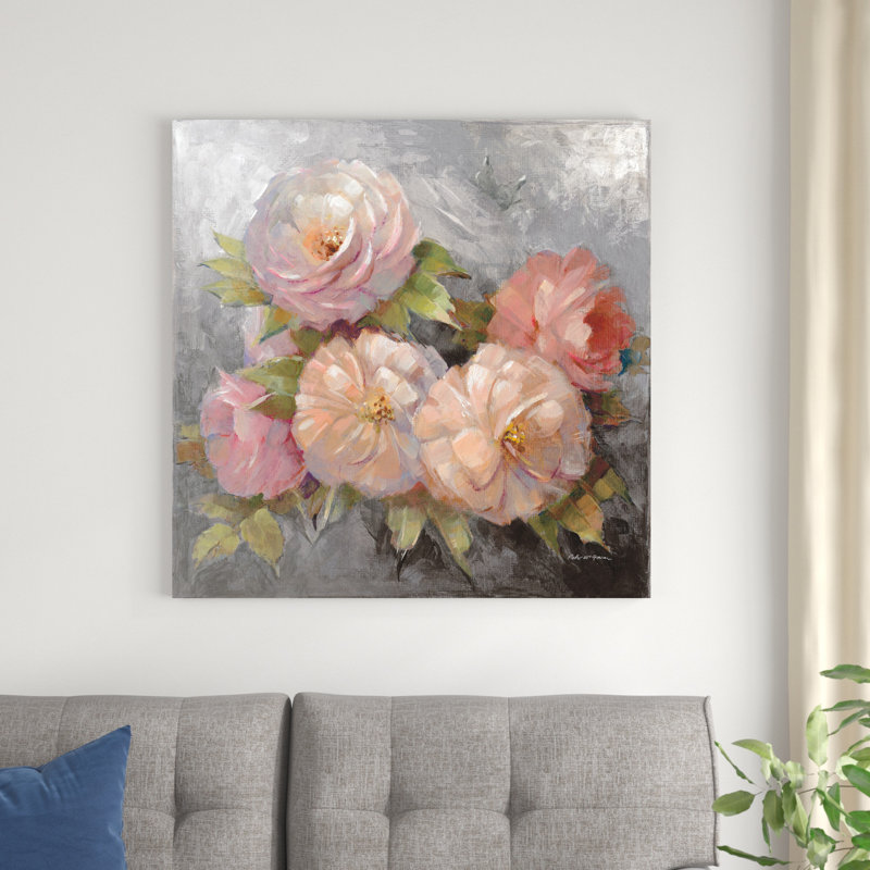 Roses sur fond gris III, H 36 po x l 36 po x P 1,25 po
