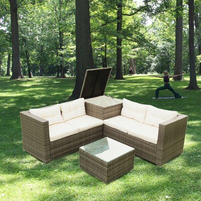 Wicker Rattan Outdoor Furniture Sofa Set 4 Piece Patio Sectional With Storage Box - Creme -  Latitude RunÂ®, 18E31B1786FA4AFDBC618132B53BAB3B