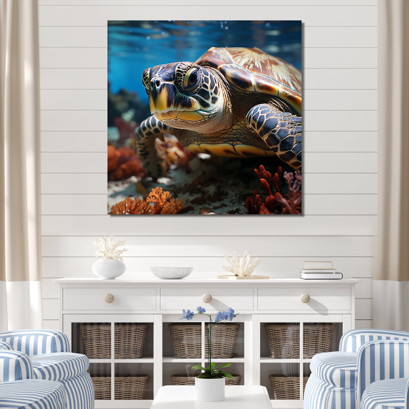 Curieuse tortue de mer sous l'eau, Toile tendue, H 16 po x l 16 po