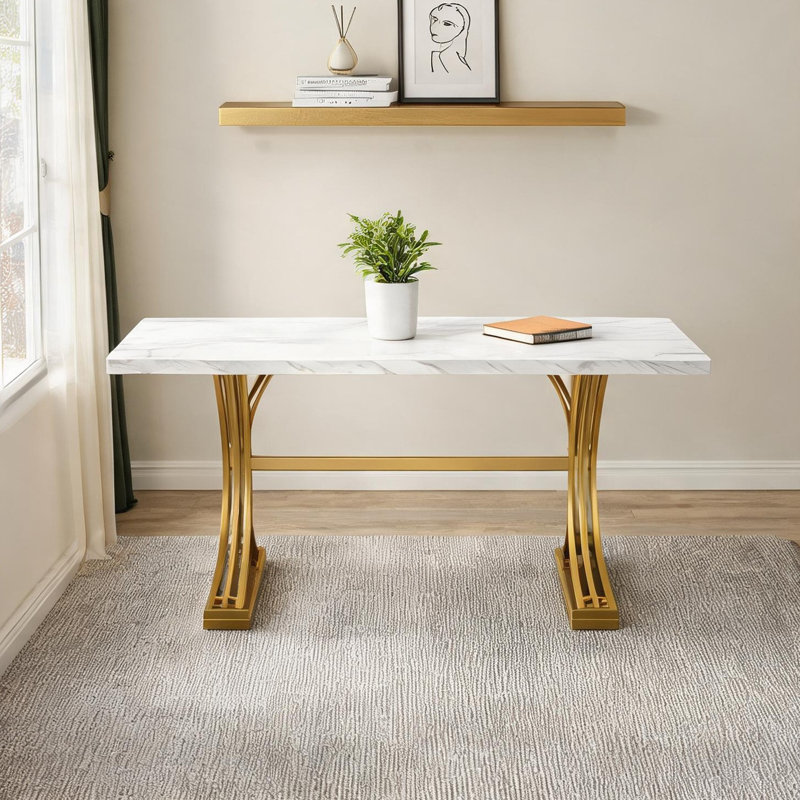 Bureau de direction en faux marbre avec pieds en fer doré, poste de travail rectangulaire de 160 cm pour bureau à domicile et espace de travail