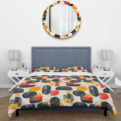 Grey Orange Midcentury Geometric Shapes - Midcentury Colors Soft Line Duvet Cover Set