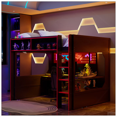 Lit mezzanine double avec bureau intégré et lumières, structure de lit en bois moderne avec bureau et station de charge intégrée, noir et rouge