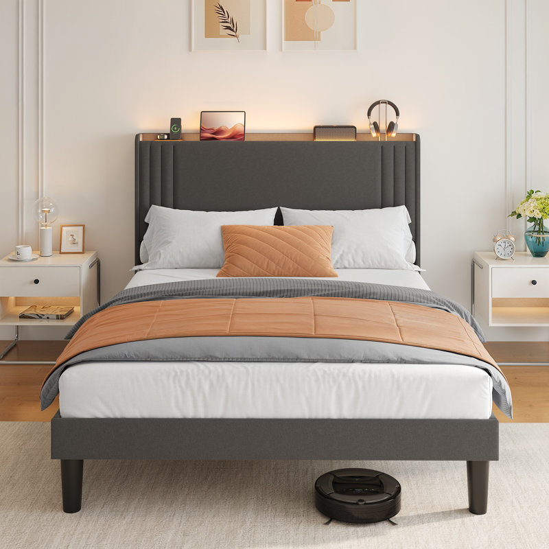 LED Platform Bed with Wing-Back Headboard: Adjustable Light Strip, Built-in Charging & Storage Feature, Queen, Dark Gray