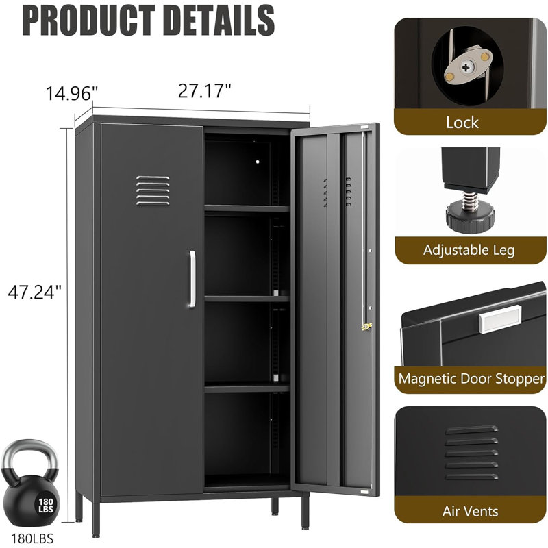 Modern Metal Office Storage Cabinet with Adjustable Shelves, Steel Locker Cabinet for Office/Living Room/Bedroom/Bathroom