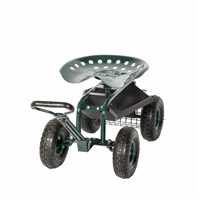 Garden Cart Seat Rolling Scooter Wagon with Extendable Steering Handle Swivel Seat & Utility Basket...(Green)