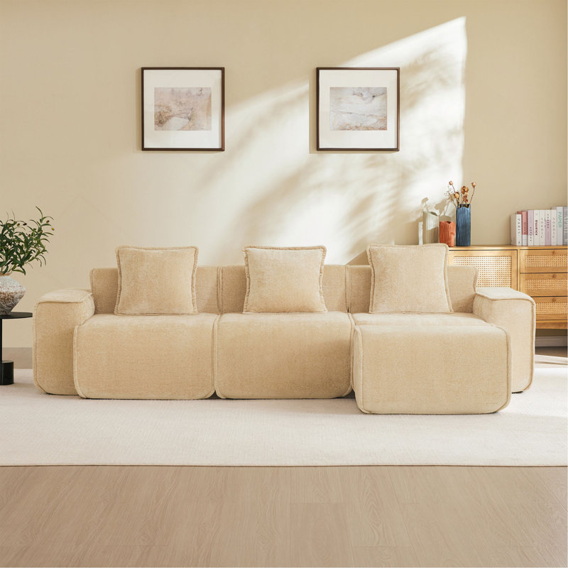 Canapé modulaire en L à 3 places avec passepoil à bordure française, sans assemblage requis, canapé 3 places avec coussins décoratifs et 1 repose-pieds mobile, tissu de velours