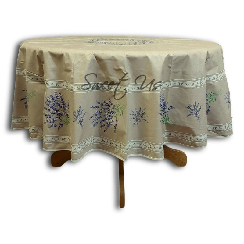 Wipeable Stain Resistant Acrylic Coated Cotton Provencal Lavender Floral Round Tablecloth Collection, Taupe, 71" x 71"