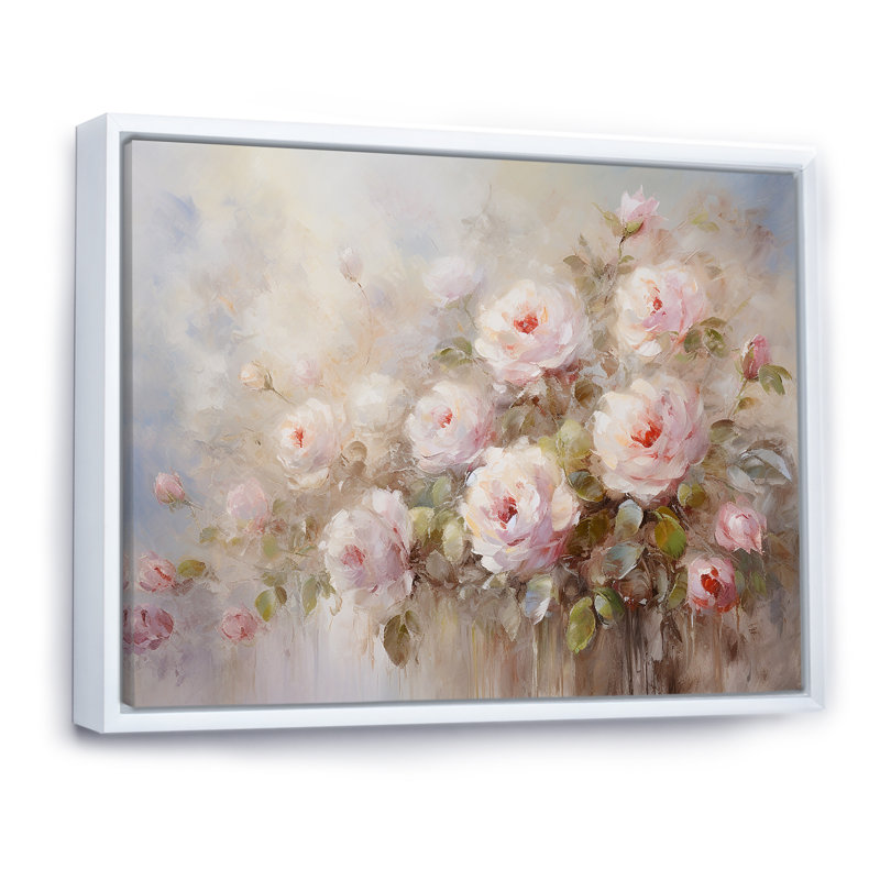 «Pink Roses Farmhouse Charm - Roses, art sur toile, Reproduction avec cadre flottant, H 16 po x l 32 po, White