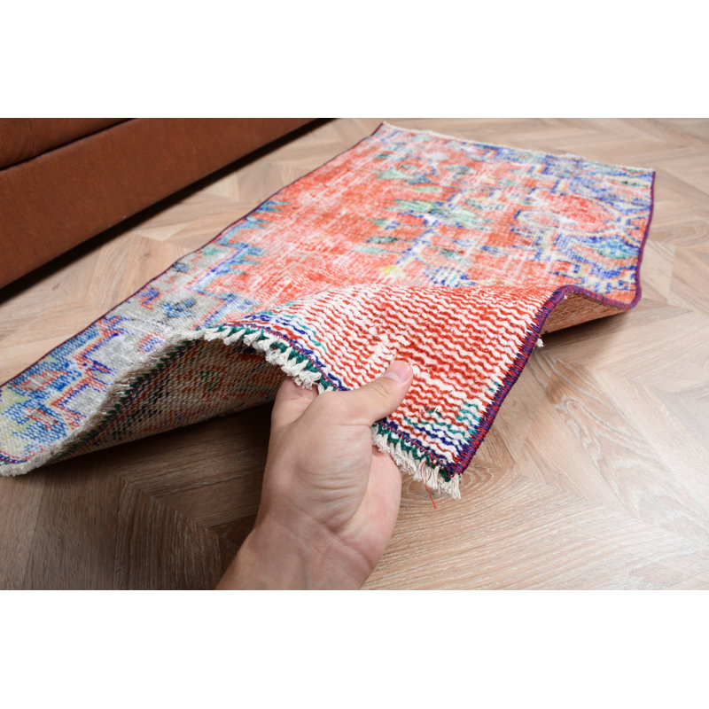 Vintage Small Turkish Rug in Faded Oushak Style Ideal as an Entry Door Mat or for Small Spaces With Wool Fabric and Vibrant Orange