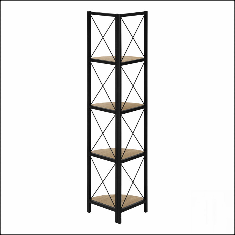 Étagère d'angle à 4 niveaux, tablettes taupe foncé, structure en métal noir, conception peu encombrante pour les bureaux et les chambres modernes.