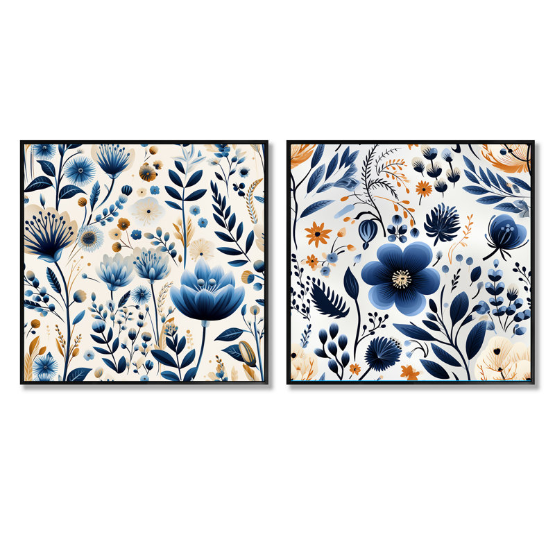 Lalie - Ensemble de 2 collages carrés botaniques abstraits, Cadre flottant noir, H 36 po x l 73 po