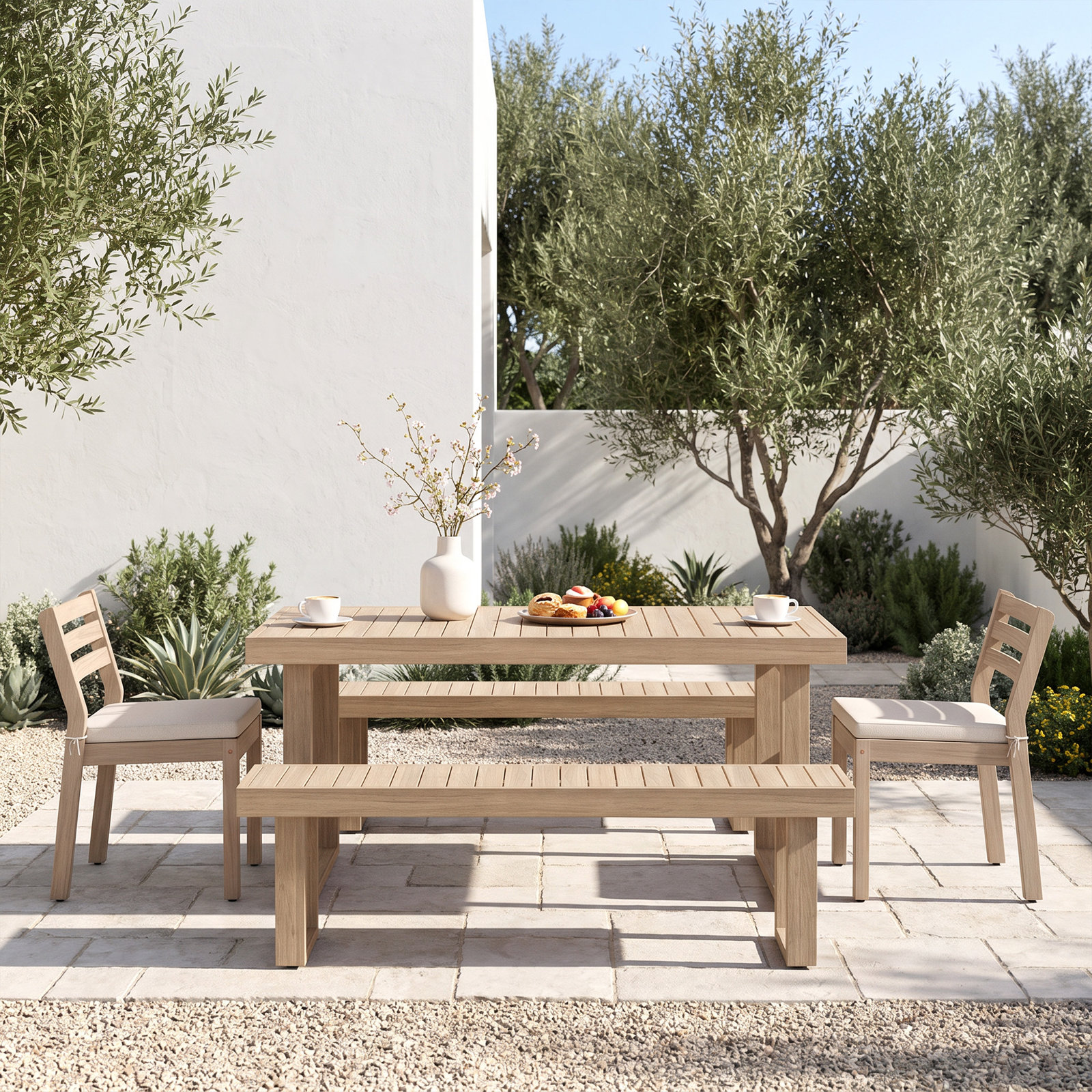 Solid Acacia Wood 7-Piece Outdoor Dining Set, 5 Pcs: Table, 2 Chairs, 2 Benchs