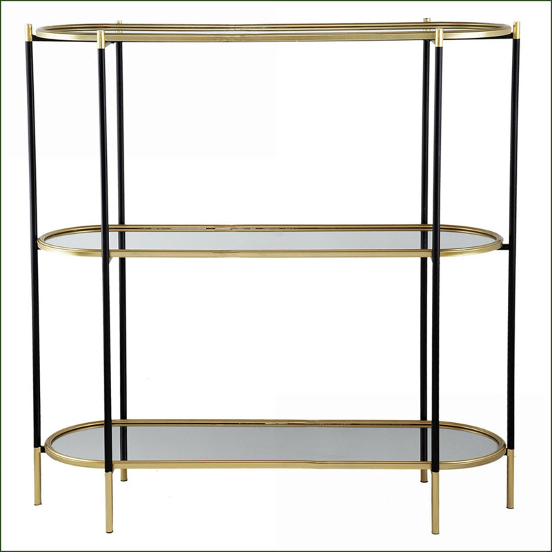 Table basse moderne à miroir en or noir, console en métal à 3 niveaux avec tablettes, 48,8 x 16,5 x 50 po