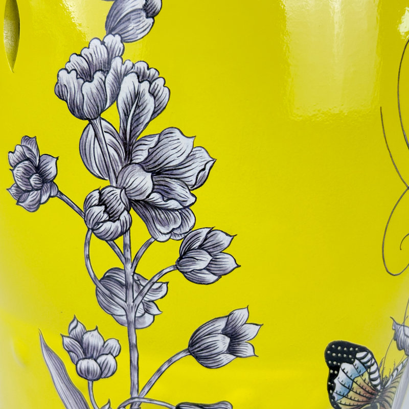 Tabouret en céramique fleur et oiseau, Jaune