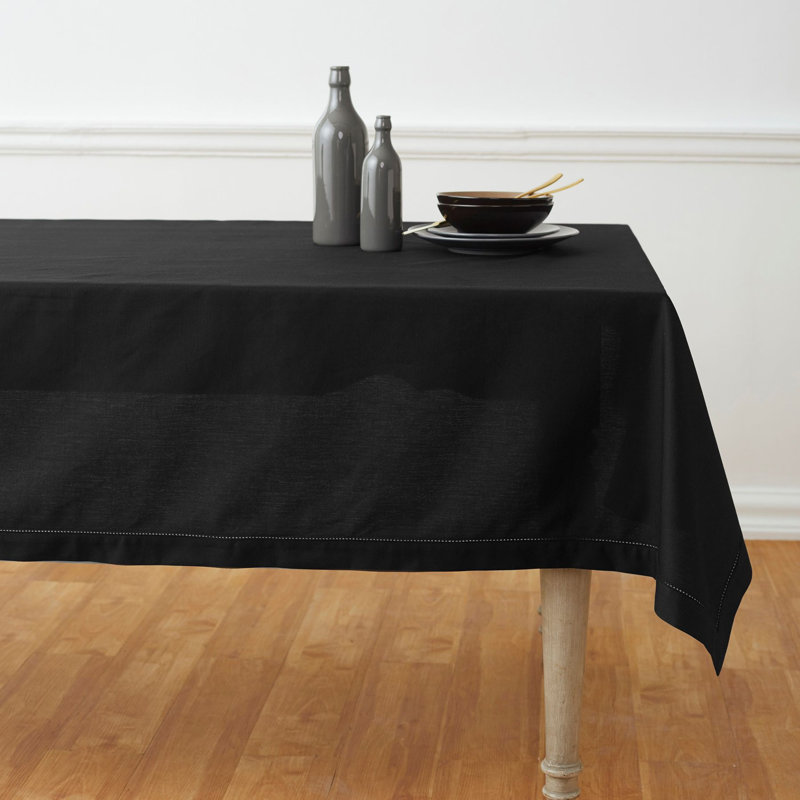 Cotton Linen Hemstitch Tablecloth, Black, 104" x 60"