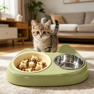 Ensemble de bol double en forme d'oreille pour chat, bol de nourriture anti-étouffement à alimentation lente avec bol d'eau amovible en acier inoxydable, plat à manger lent antidérapant pour petits chiens et chats de taille moyenne