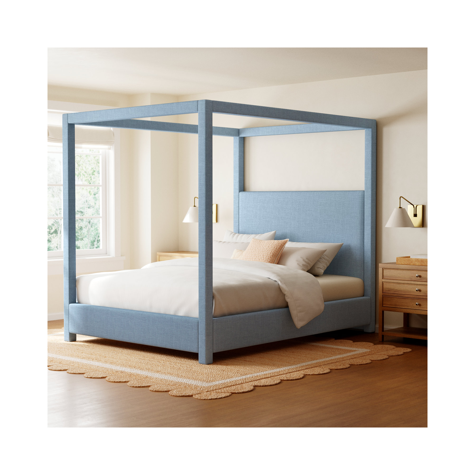 Upholstered Canopy Bed, King, Sky Blue Linen Textured Fabric
